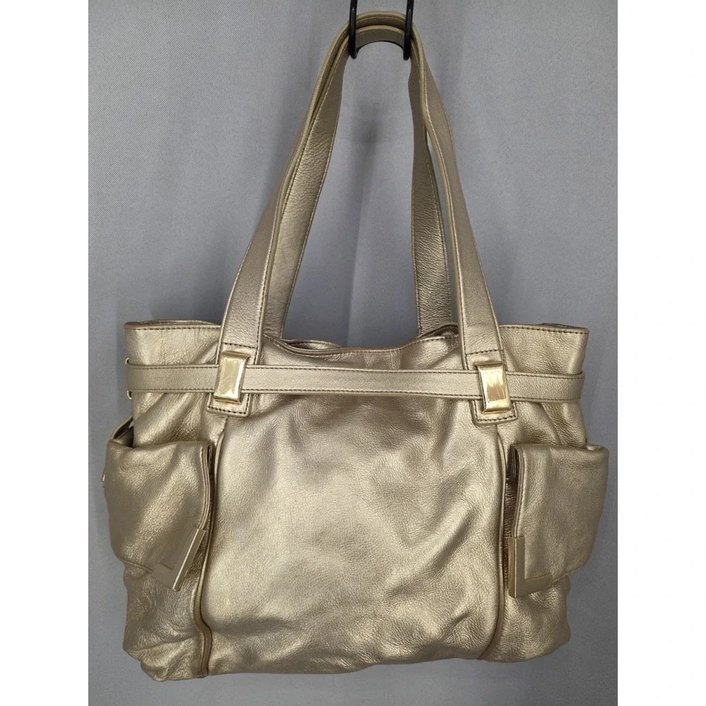 Michael Kors Beverly Metallic Gold Leather Shoulder Satchel Handbag Large